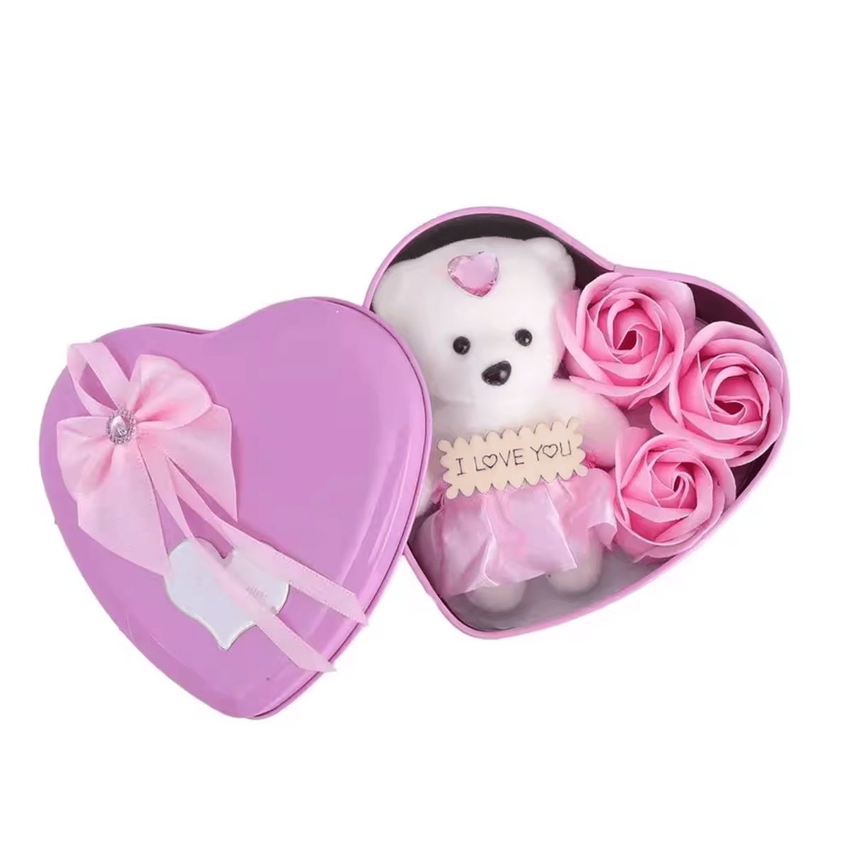HOMESTAR - Caja Corazón Osito Peluche con Rosas Artificiales I Love You
