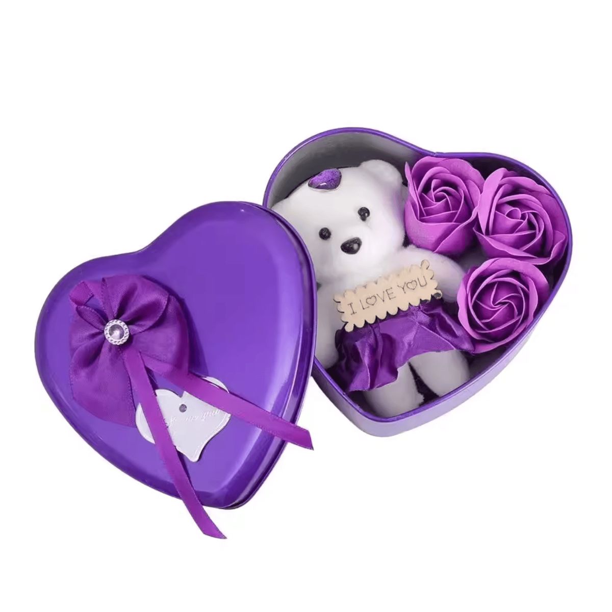 HOMESTAR - Caja corazón morada con osito y rosas I love you