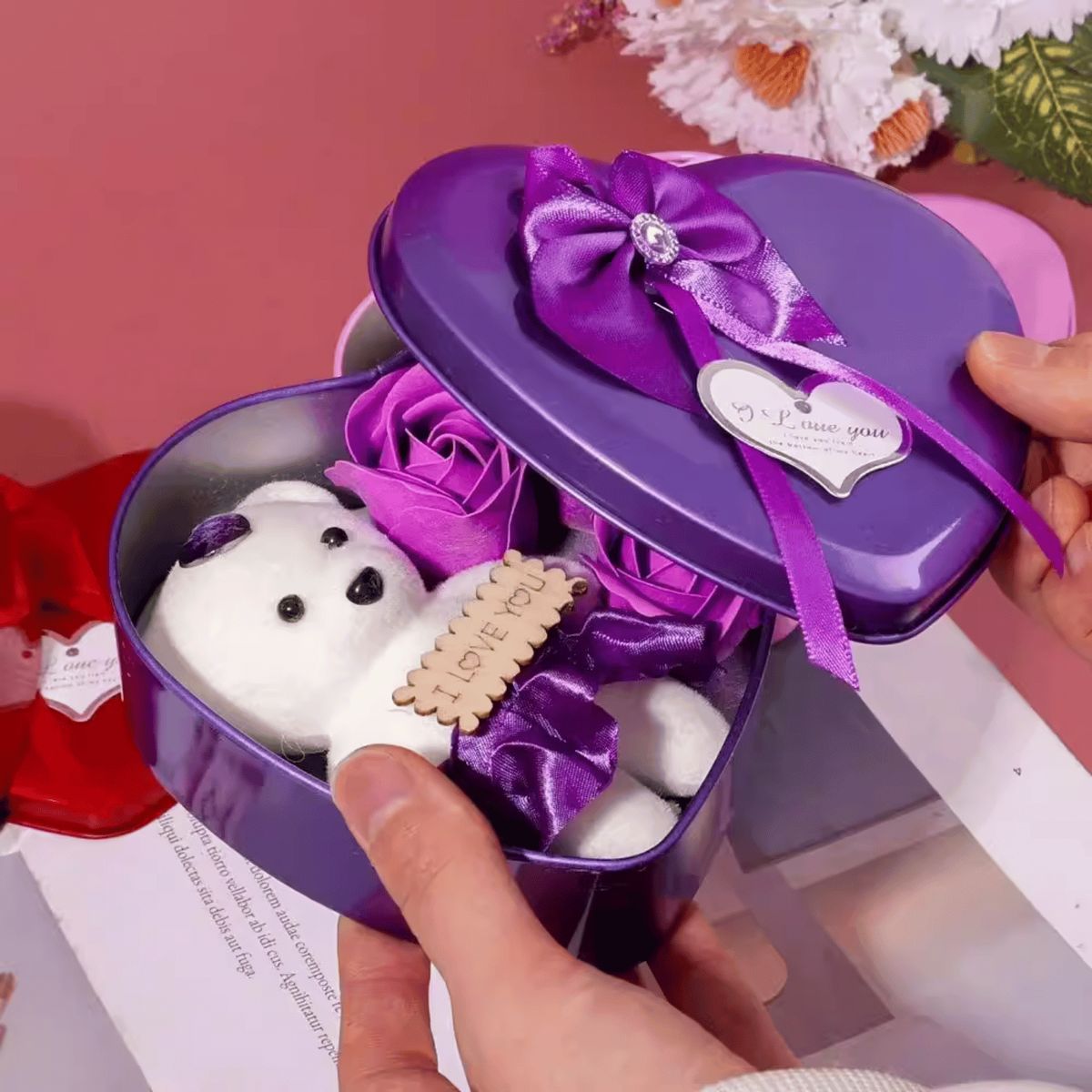 HOMESTAR - Caja corazón morada con osito y rosas I love you