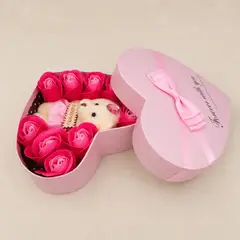 HOMESTAR - Caja ovalada osito peluche con rosas artificiales I love you - L rosado