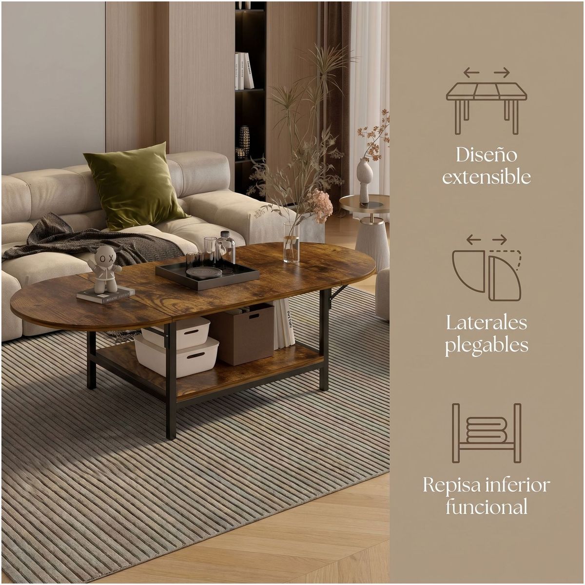 HOMER DESIGN - Mesa De Centro Plegable Minimalista Ancho 60-120 Cm