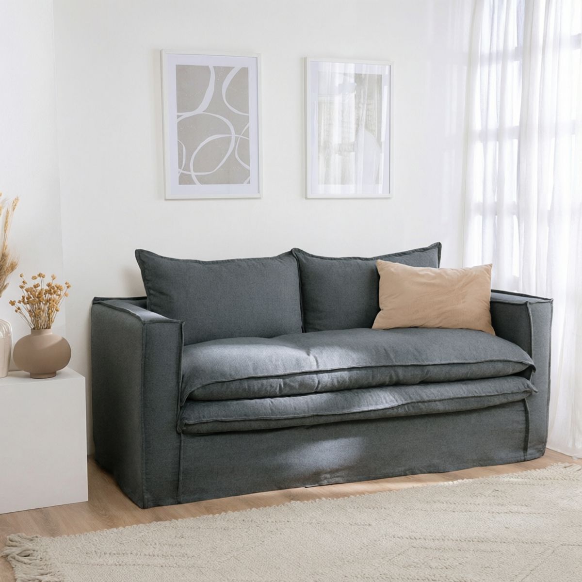 INTERMUEBLES - Sofa Pagani 2 Cuerpos Tela Lino Gris
