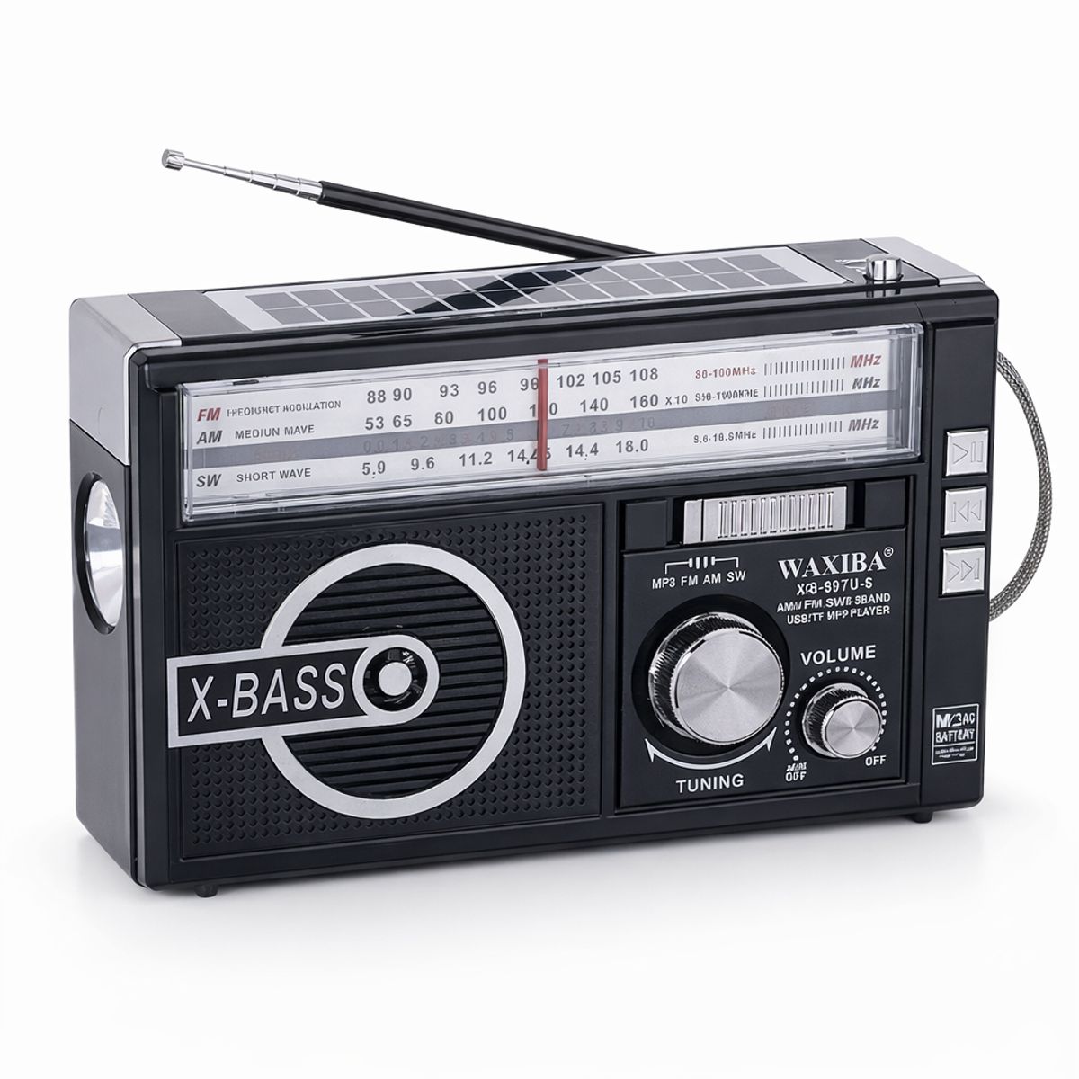 MOVI - Radio Portátil AM FM Recargable con Linterna y Panel Solar