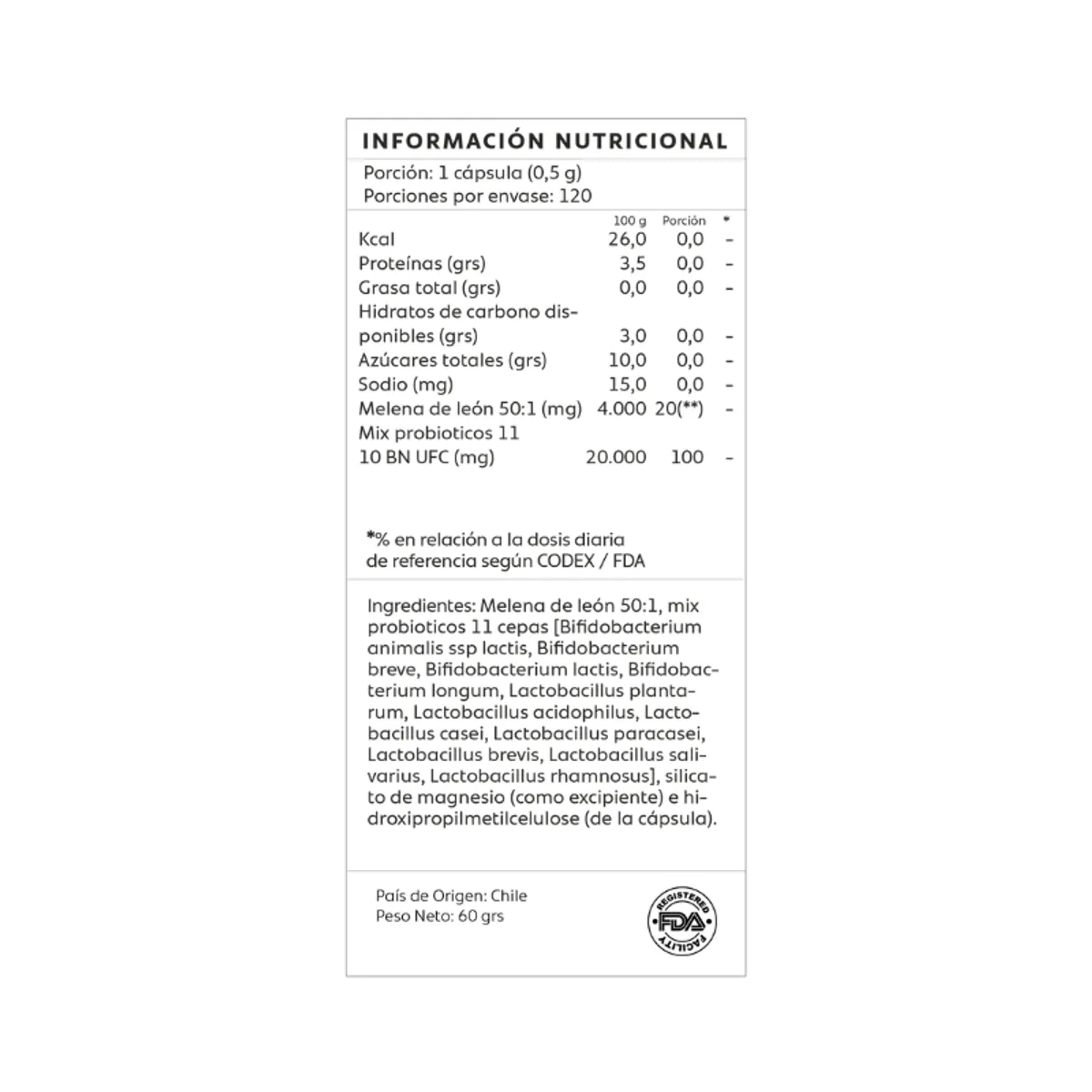GENERICO - Melena De Leon Y Probioticos 11 60 Capsulas Mind Nutrition