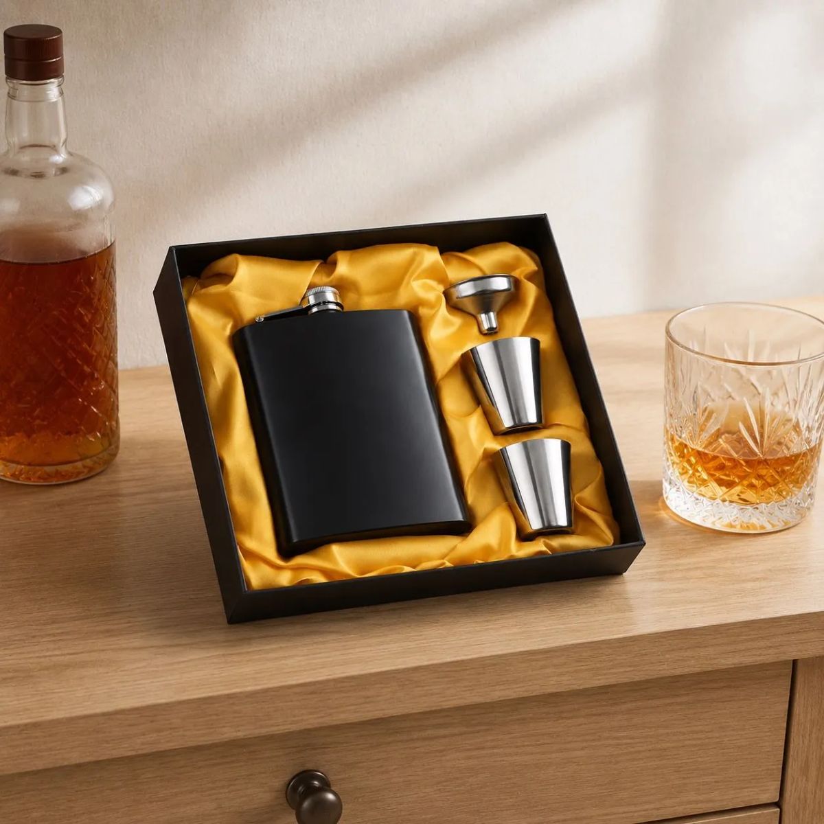 HOMESTAR - Set de petaca negra de acero inoxidable con 2 vasos, embudo y caja de regalo