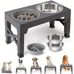 ATURE - Elevador Con 2 Platos De Acer 1 Comedero Lento Para Mascotas Negro