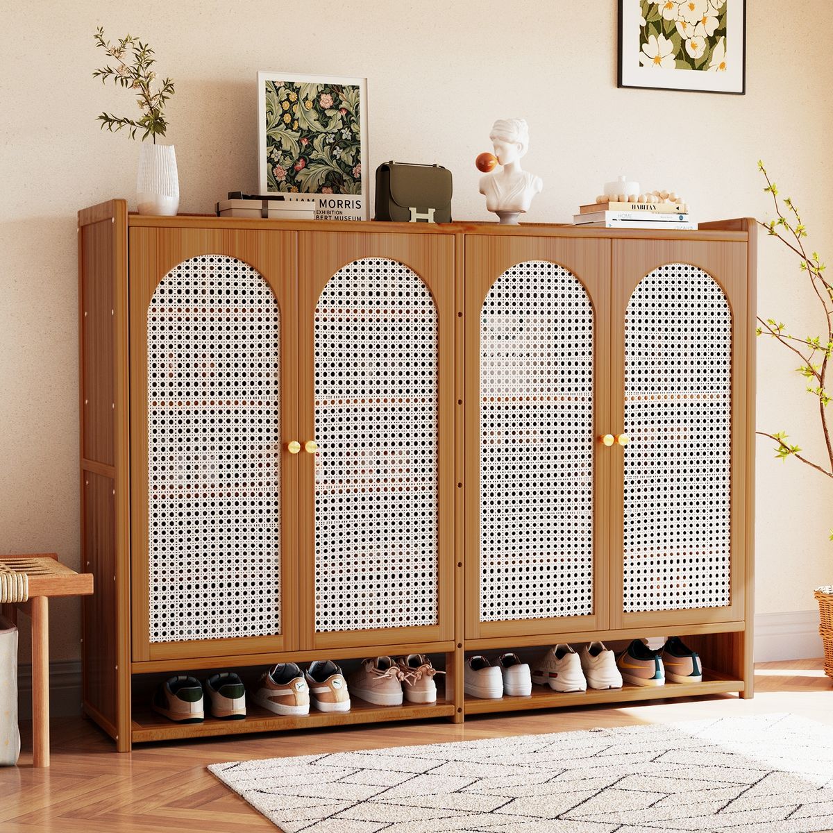AIZO - Organizador de Entrada, Bambú Natural Transpirable, 4 Puertas para Espacios Pequeños 117x95x32cm