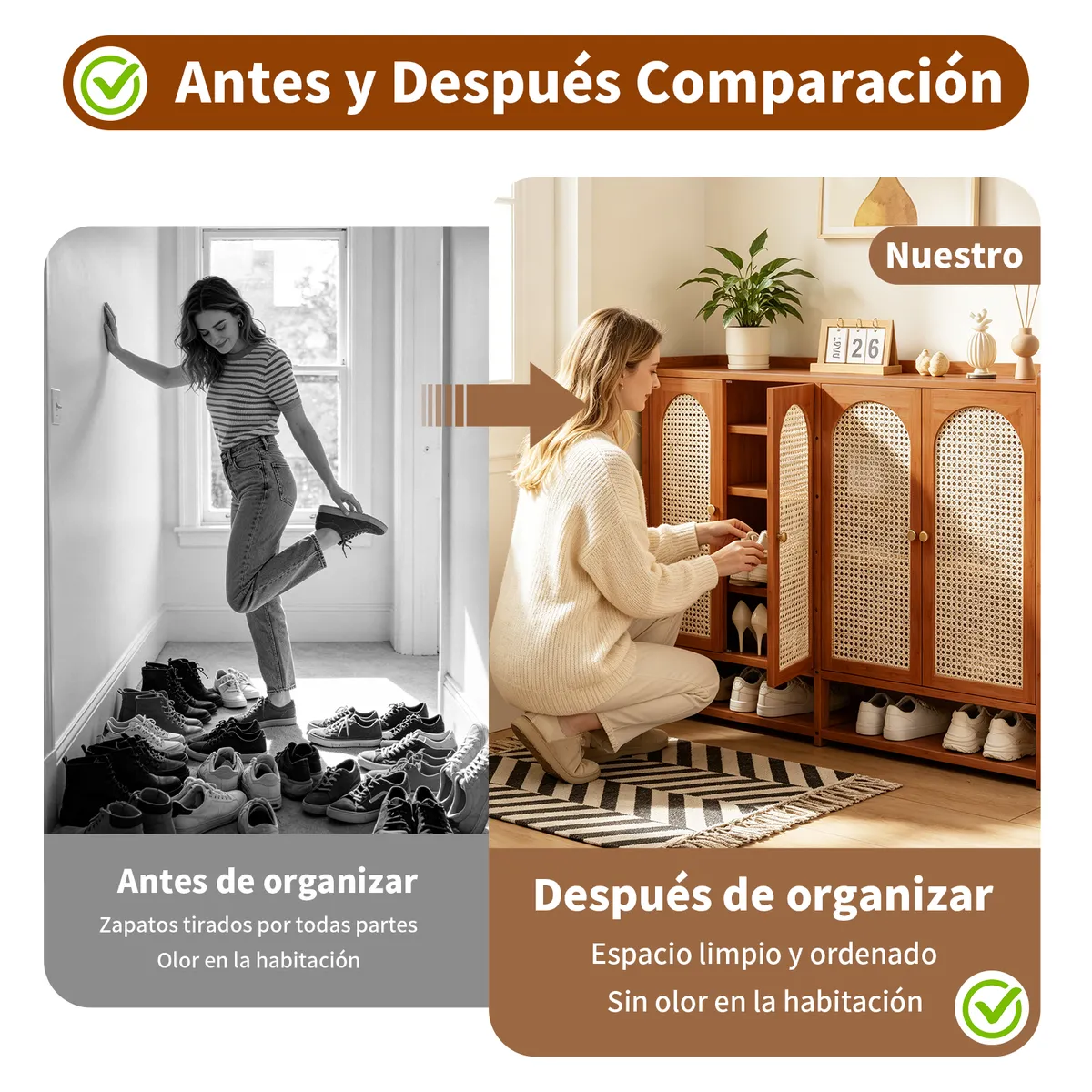 AIZO - Organizador de Entrada, Bambú Natural Transpirable, 4 Puertas para Espacios Pequeños 117x95x32cm