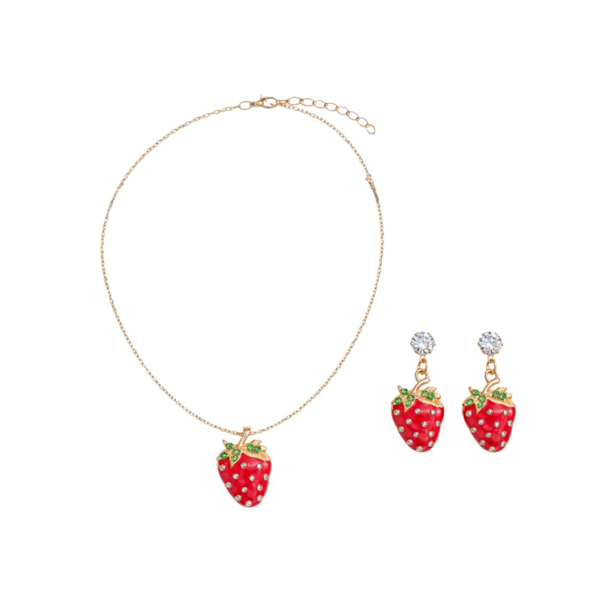 GENERICO - Set de Joyería en Acero Quirúrgico  Collar + Aros Frutilla Regalo San Valentín
