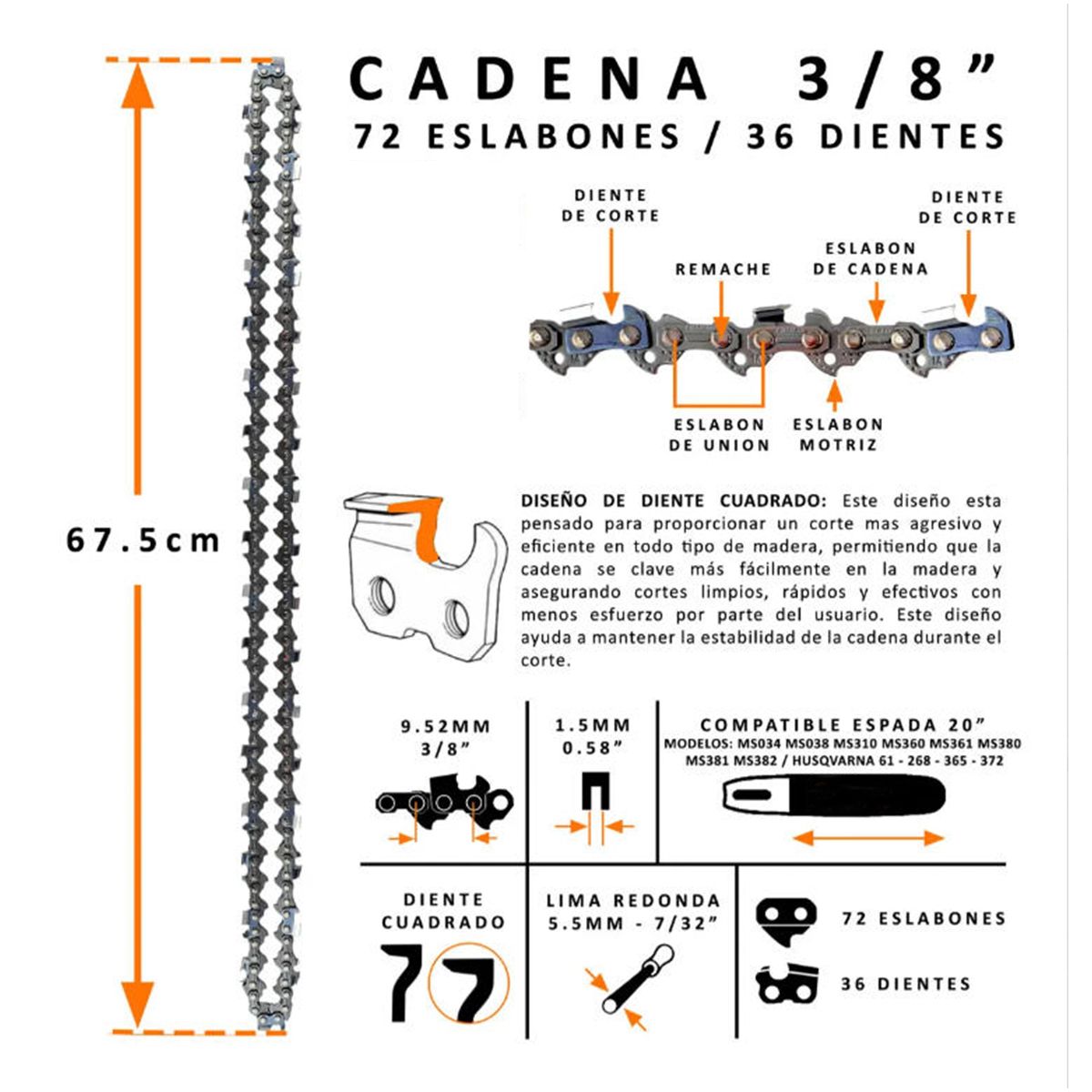 ATURE - Cadena De Motosierra De 20 Pulgadas Y 36 Dientes Para Stihl