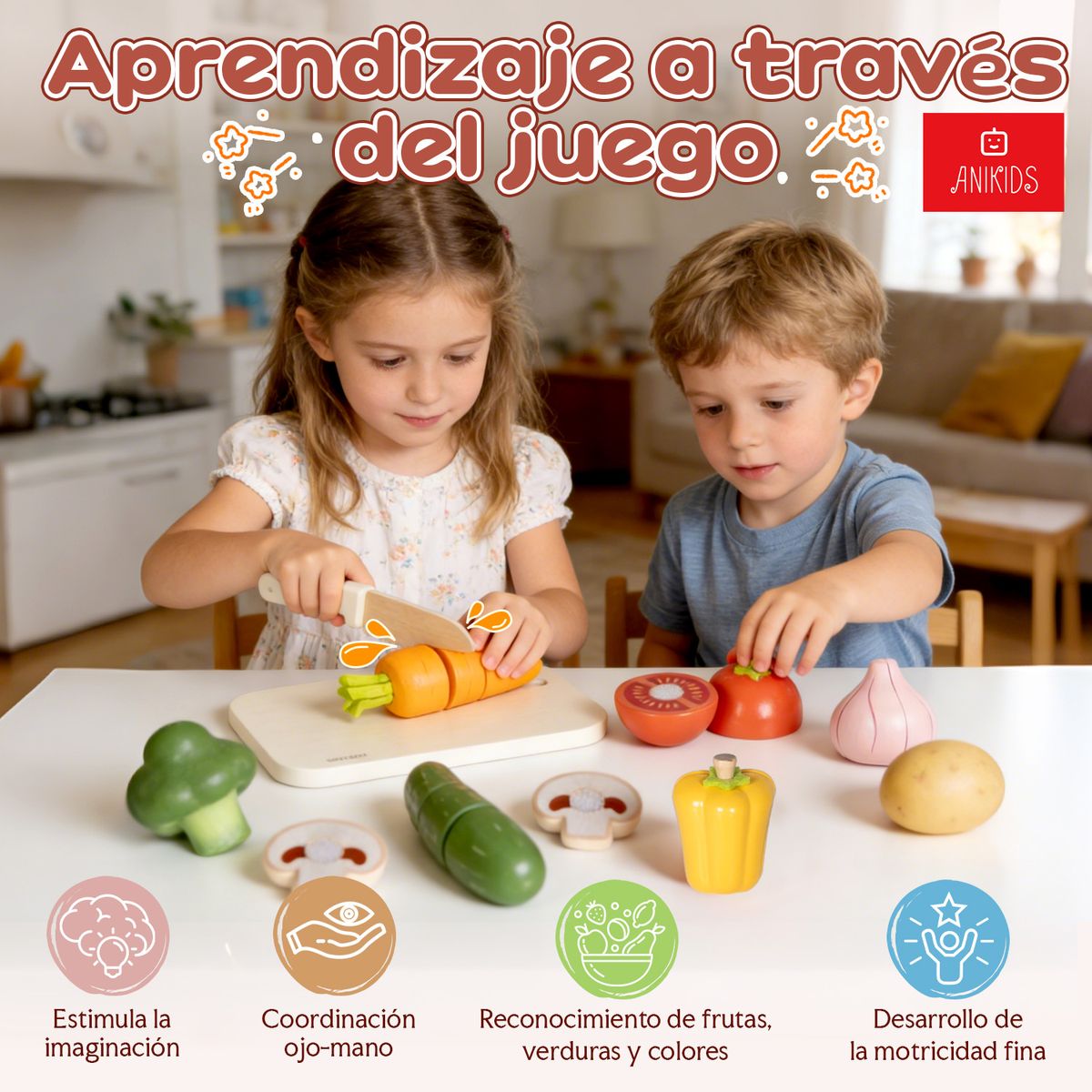 ANIKIDS - Juguete Cocina Corta Fruta Verdura Madera Velcro Niño 23 Pcs