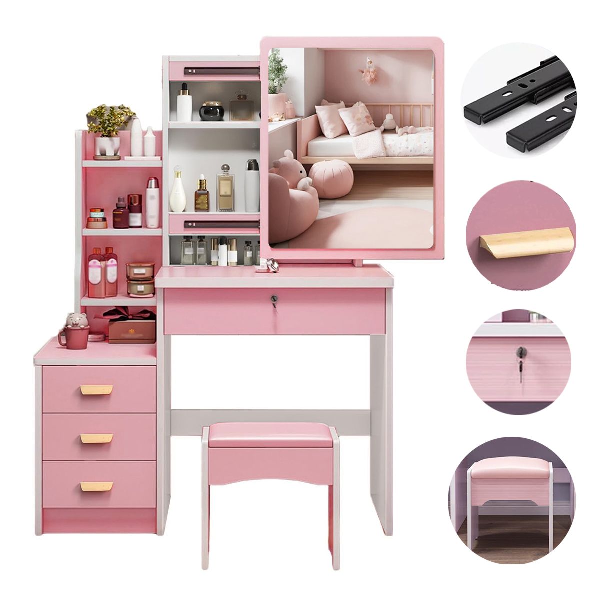 WUWAWDOGA - Tocador Multifuncional Con Taburete Espejo Led Cajones Rosa 131x80x50cm