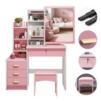 Tocador Multifuncional Con Taburete Espejo Led Cajones Rosa 131x80x50cm