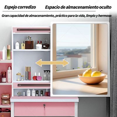 Imagen 2 del producto Tocador Multifuncional Con Taburete Espejo Led Cajones Rosa 131x80x50cm