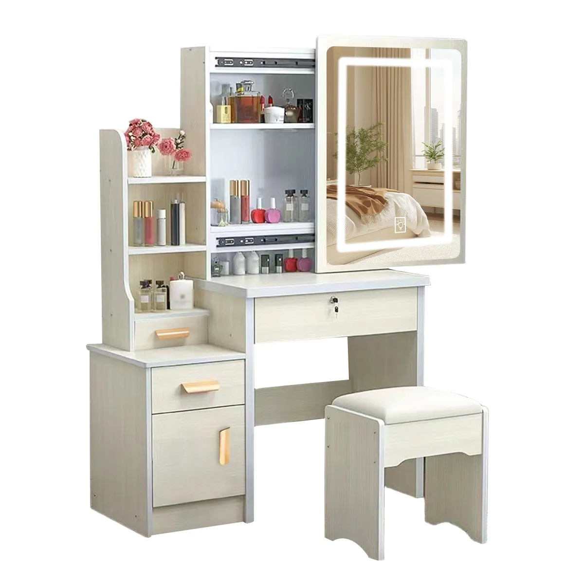 WUWAWDOGA - Tocador Madera Con Espejo Luz Melamina Con Taburete Blanco 130x36x80cm