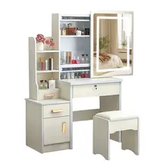 WUWAWDOGA - Tocador Madera Con Espejo Luz Melamina Con Taburete Blanco 130x36x80cm