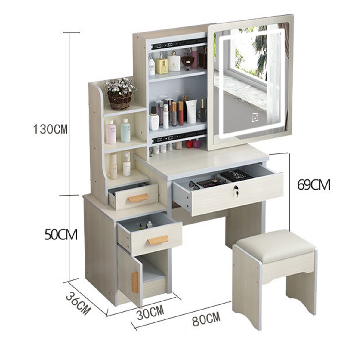 WUWAWDOGA - Tocador Madera Con Espejo Luz Melamina Con Taburete Blanco 130x36x80cm