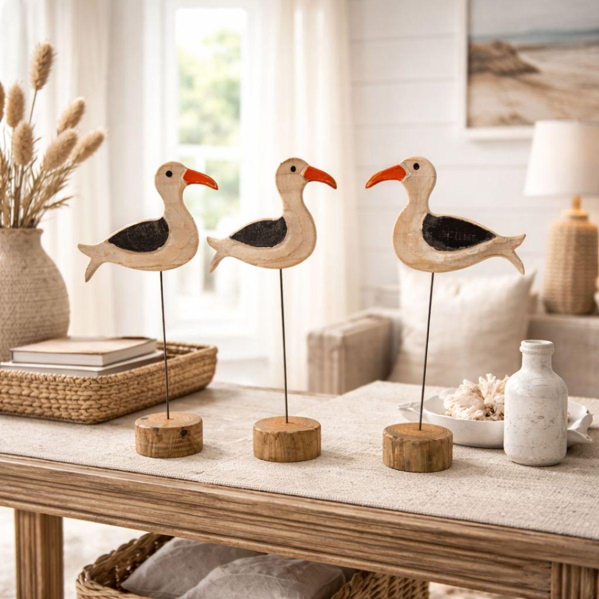 TAIKKEE - PACK 3 UNIDADES GAVIOTAS DECORATIVAS RUSTICAS EN MADERA NATURAL