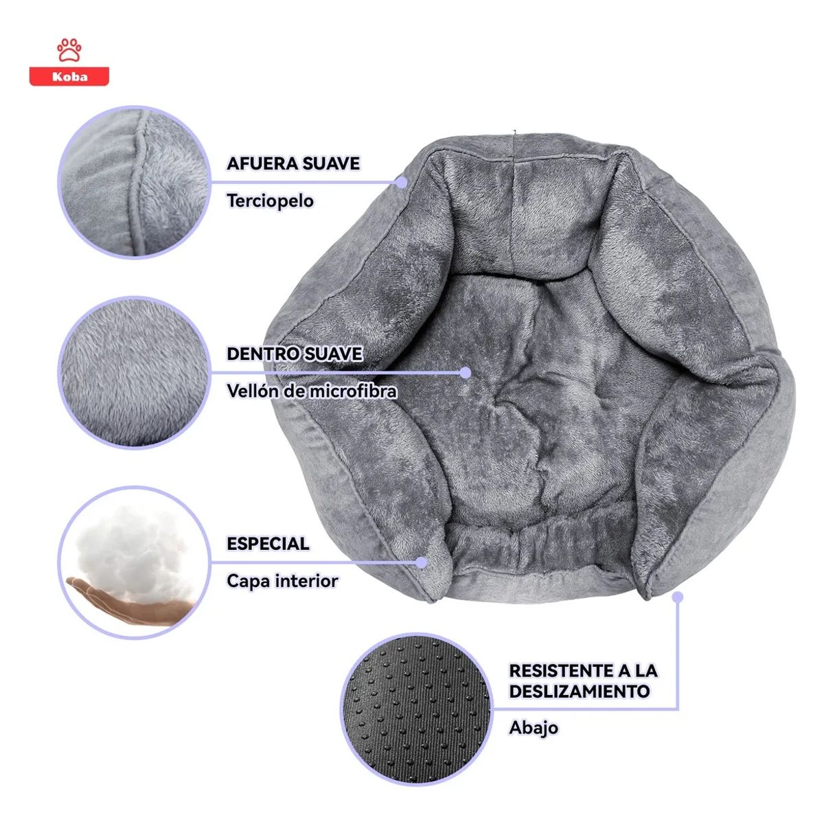 KOBA - Cama Antiestres Para Perro Gato Con Cojin Reversible 60x53cm