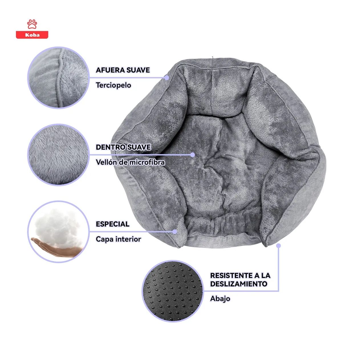 KOBA - Cama Antiestres Para Perro Gato Con Cojin Reversible 60x53cm