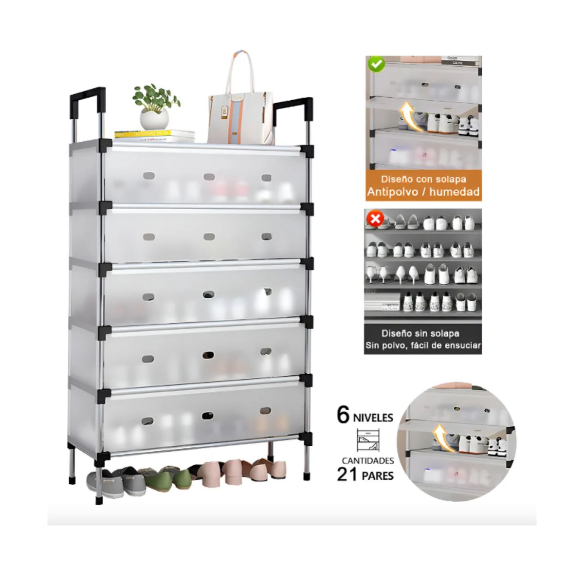 GENERICO - Zapatero Organizador de 6 Niveles Multifuncional - Estante Moderno para Calzado, Con tapa polvo