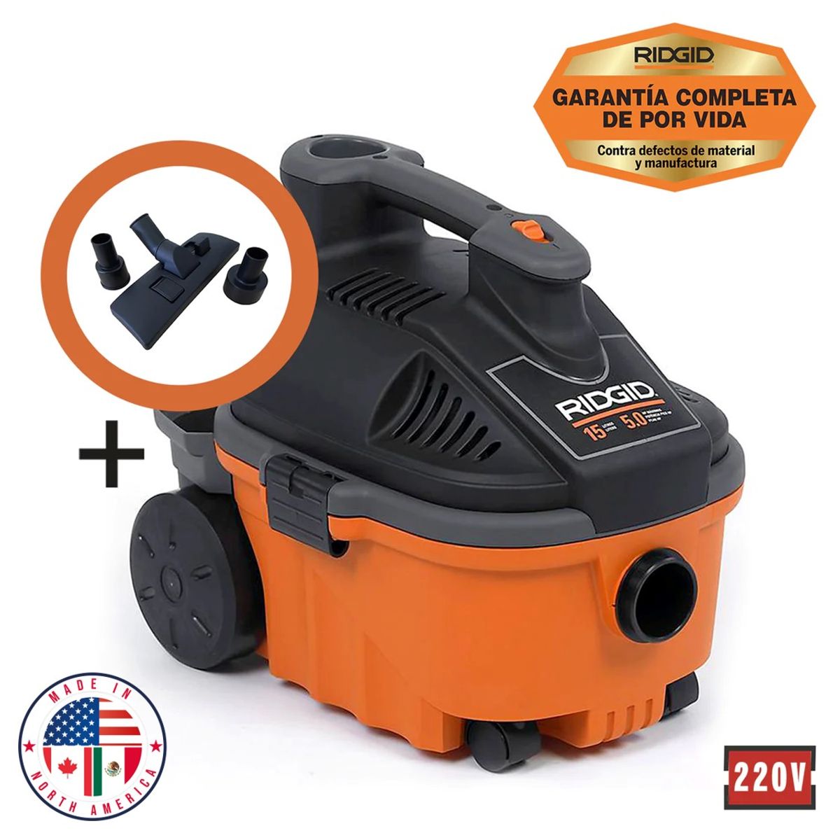 RIDGID - Aspiradora seco-mojado 15 Lt 5HP/ 220V - WD4075 + Boquilla para alfombra y piso flotante