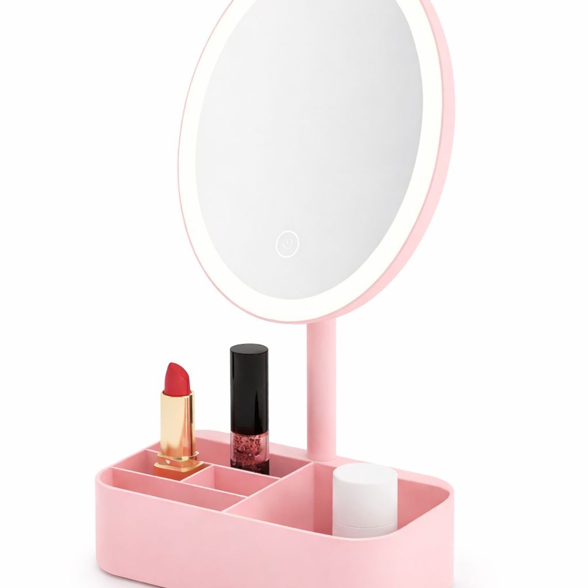 GENERICO - Espejo Maquillaje con Luz LED y Organizador  Recargable USB  Espejo Tocador Moderno BlancoRosado