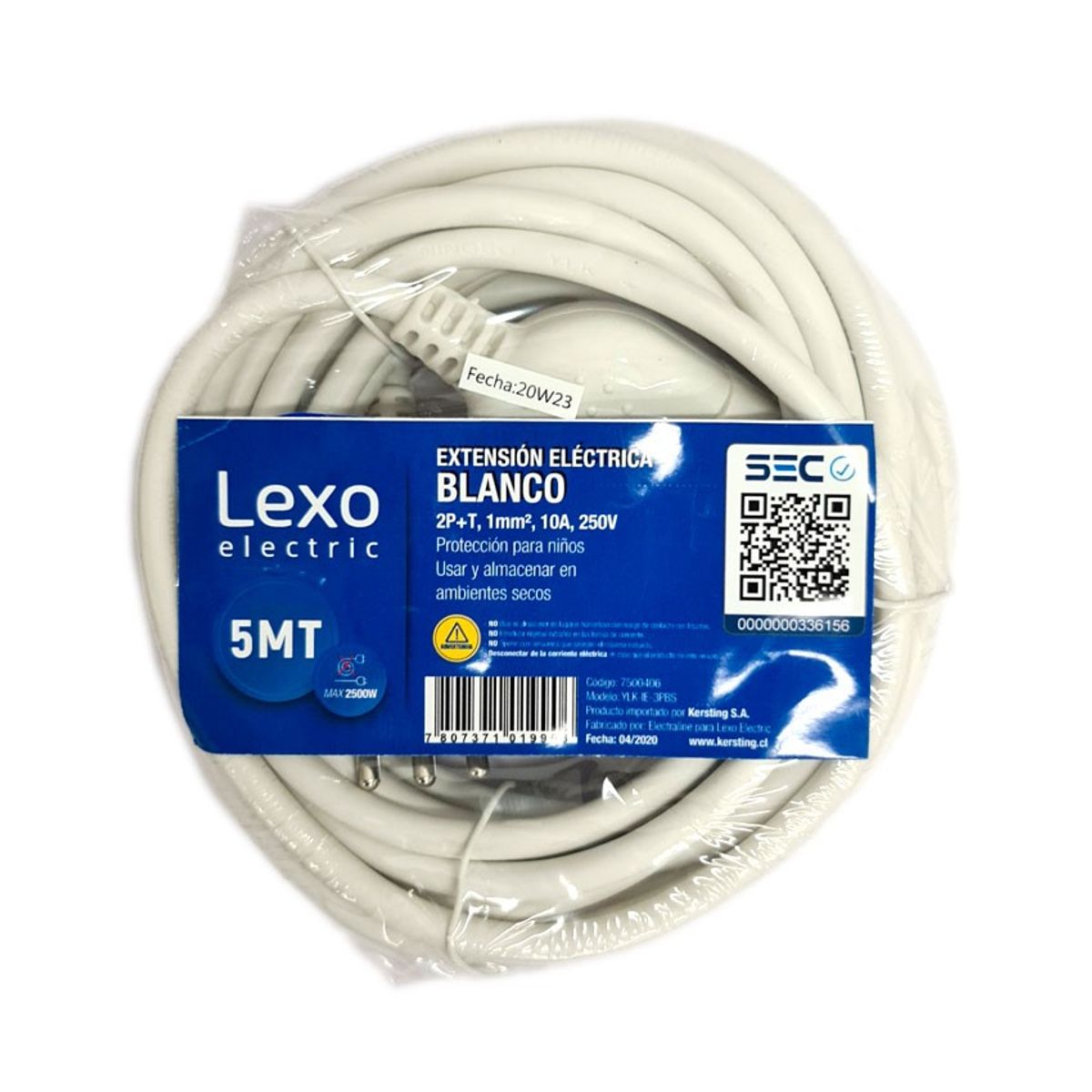 Alargador Simple 10A 2P + T 5 Metros Blanco, marca LEXO - Foto Principal