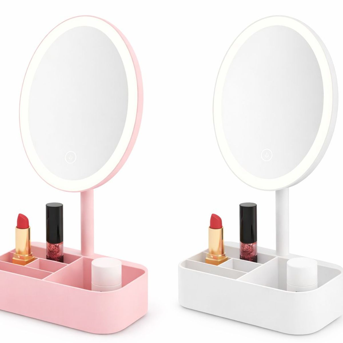 GENERICO - x2 Espejo Maquillaje con Luz LED y Organizador  Recargable USB  Espejo Tocador Moderno BlancoRosado