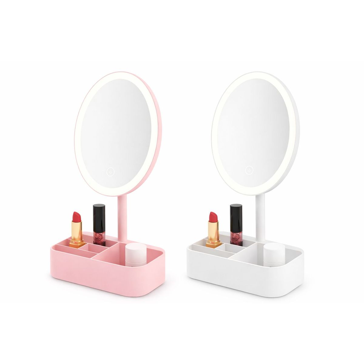 GENERICO - x2 Espejo Maquillaje con Luz LED y Organizador  Recargable USB  Espejo Tocador Moderno BlancoRosado
