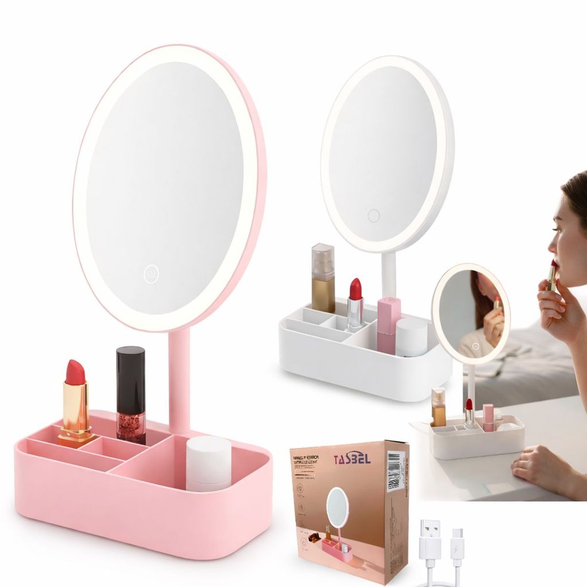 GENERICO - x2 Espejo Maquillaje con Luz LED y Organizador  Recargable USB  Espejo Tocador Moderno BlancoRosado