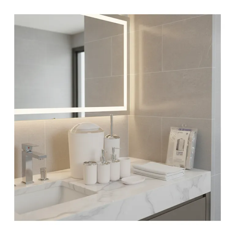 Juego Accesorios Set De Bano 6 Piezas Cepillo WC Blanco + Cortina De Obsequio