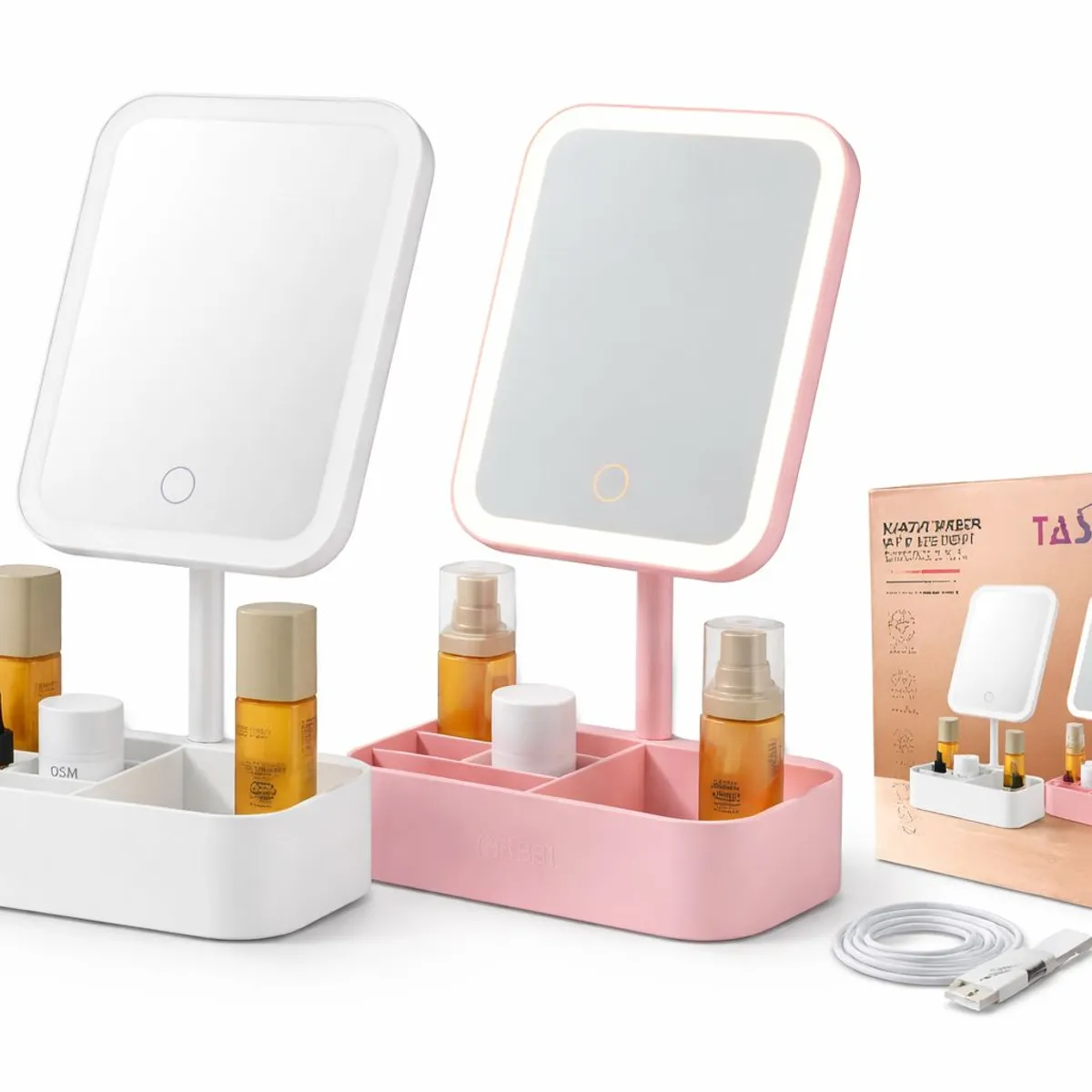 GENERICO - x2 Espejo de Maquillaje con Luz LED y Organizador  Recargable USB  Espejo Tocador Cuadrado Moderno
