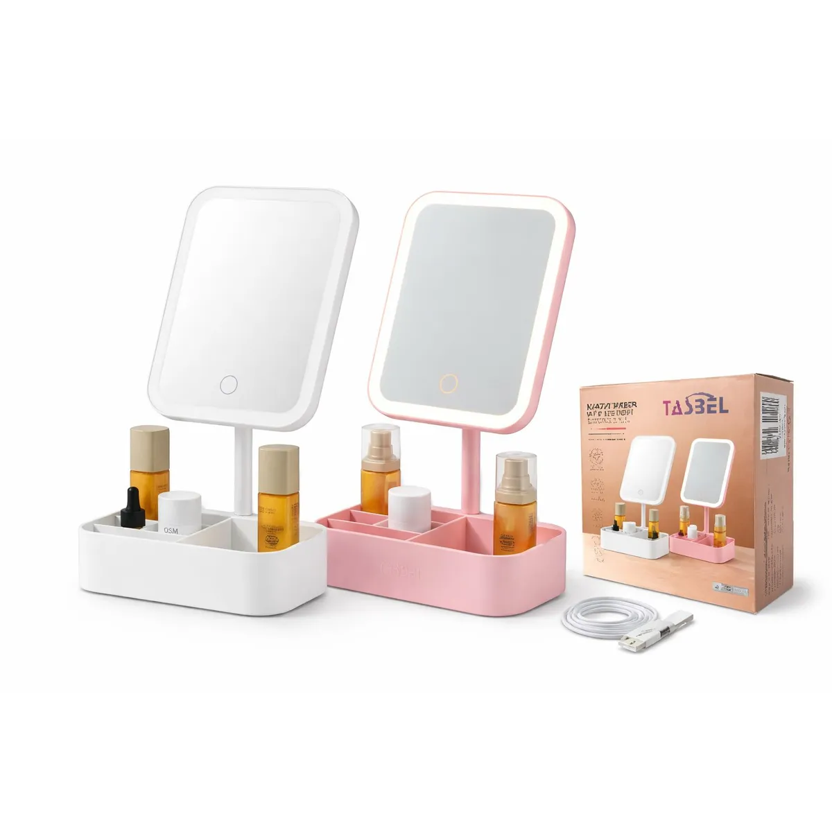GENERICO - x2 Espejo de Maquillaje con Luz LED y Organizador  Recargable USB  Espejo Tocador Cuadrado Moderno