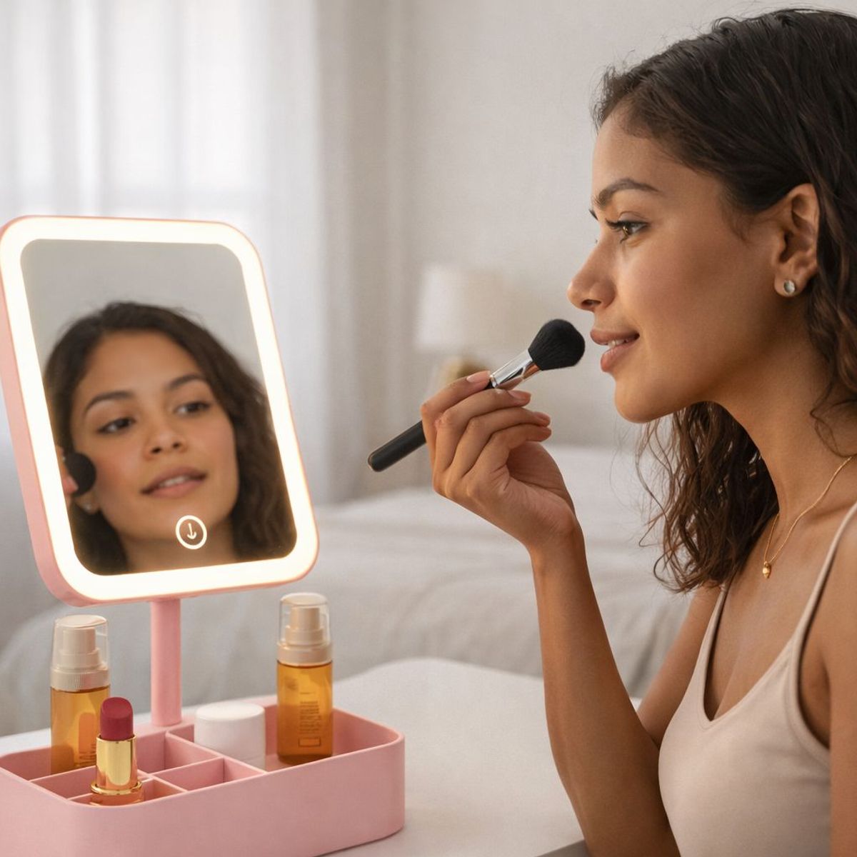 GENERICO - Espejo de Maquillaje con Luz LED y Organizador  Recargable USB  Espejo Tocador Cuadrado Moderno