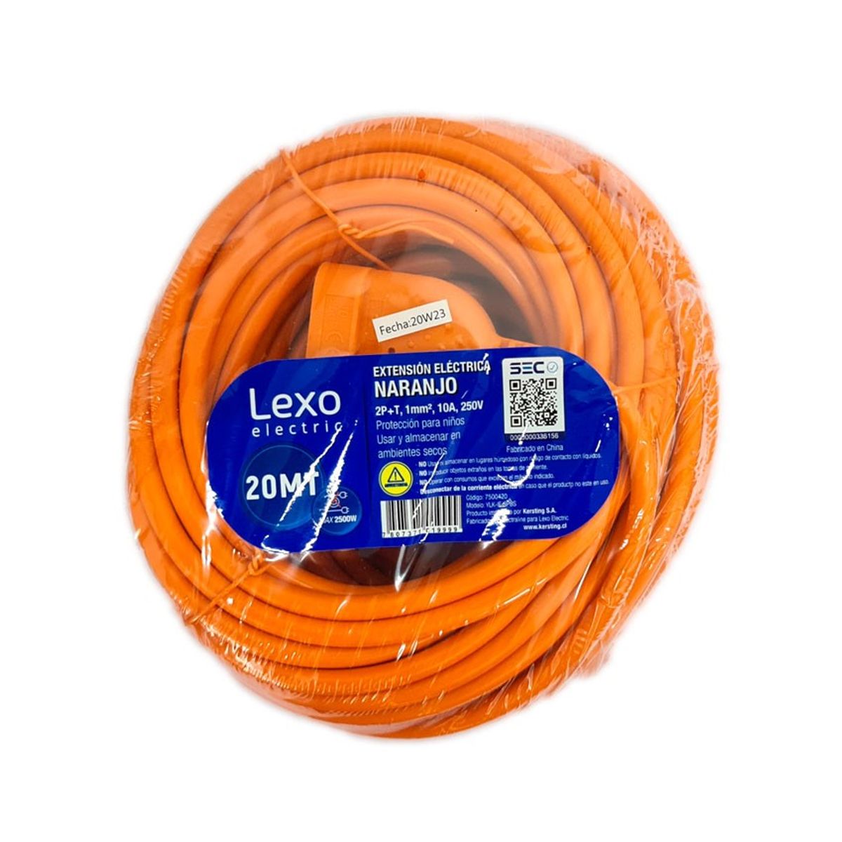 LEXO - Alargador Simple 10A 2P + T 20 Metros Naranjo