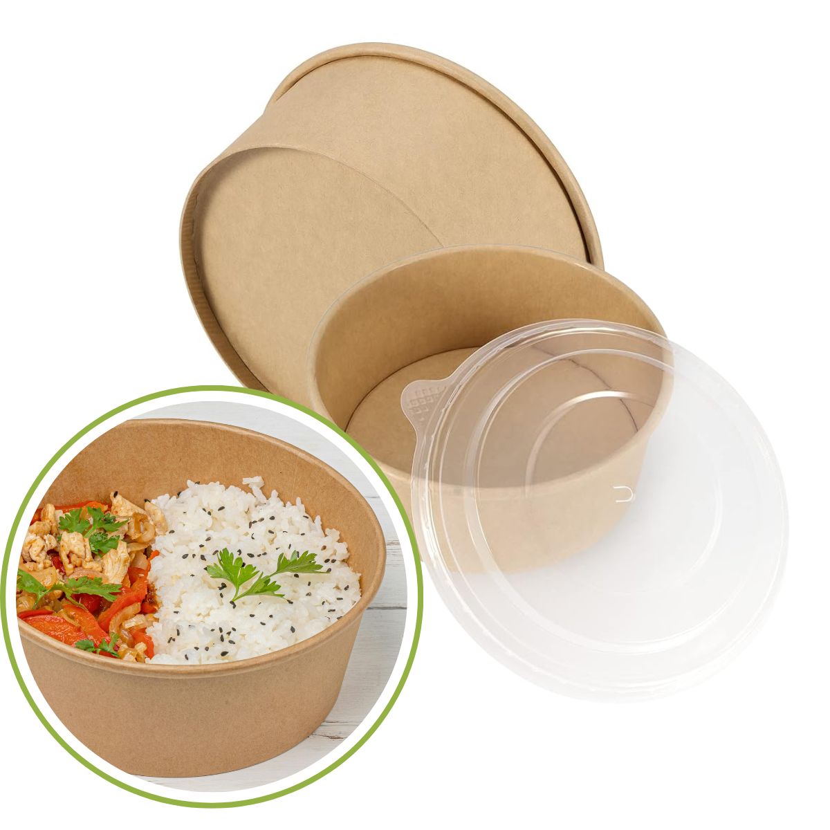 GENERICO - Bowl de Papel Kraft con Tapa 500-600cc Recipiente Envases Pack 50und