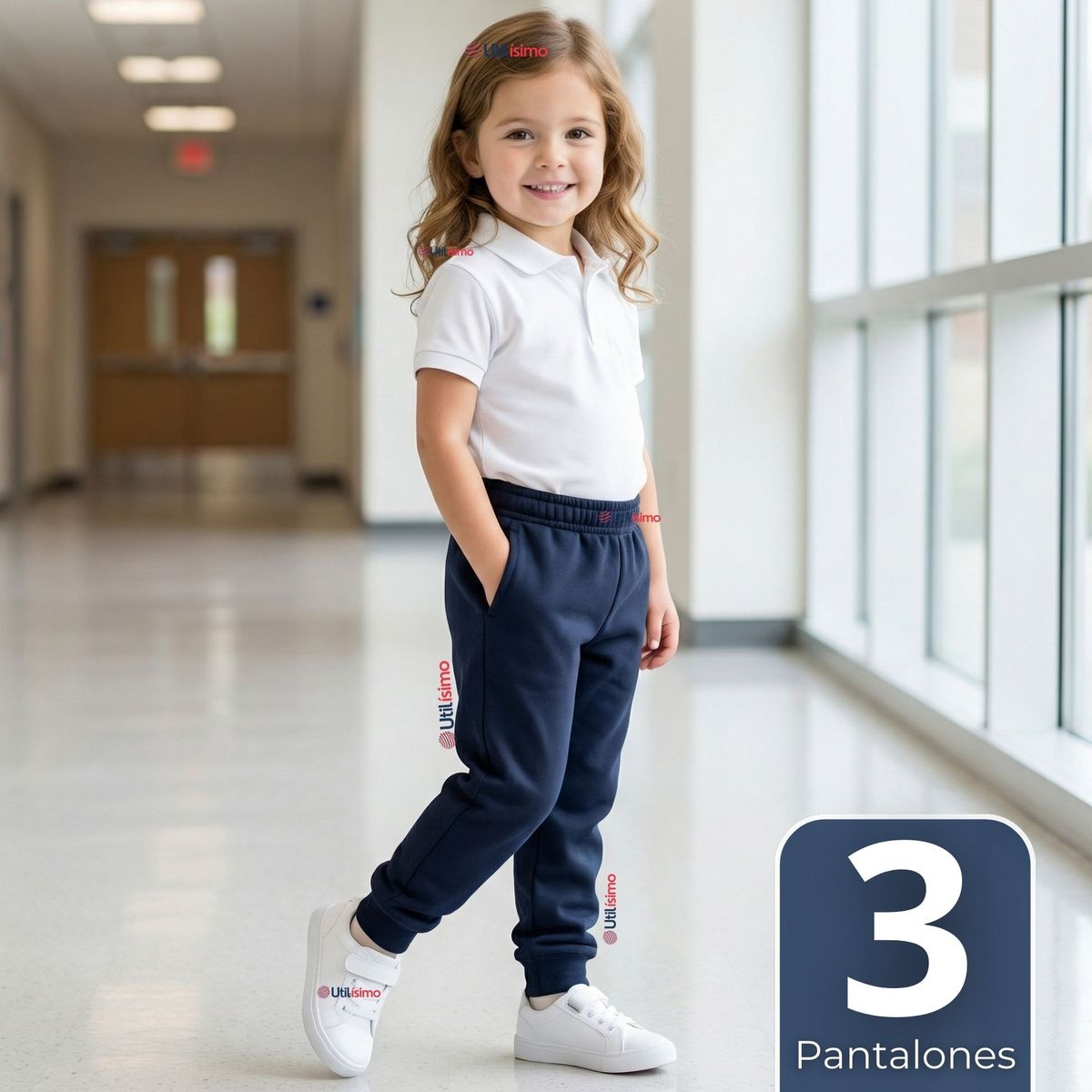 UTILISIMO - Pack 3 Buzos Pantalones Escolares Niña Unisex 100% Algodón Azul Bota Acanalada 3 a 16 años