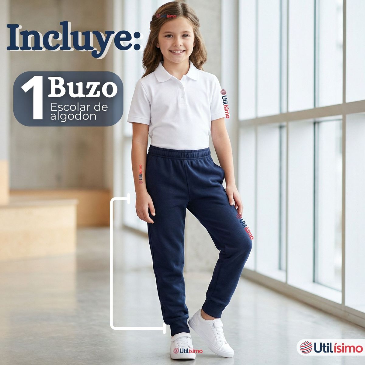 UTILISIMO - Buzo Pantalón Escolar Niños Unisex 100% Algodón Azul Bota Acanalada 3 a 16 años