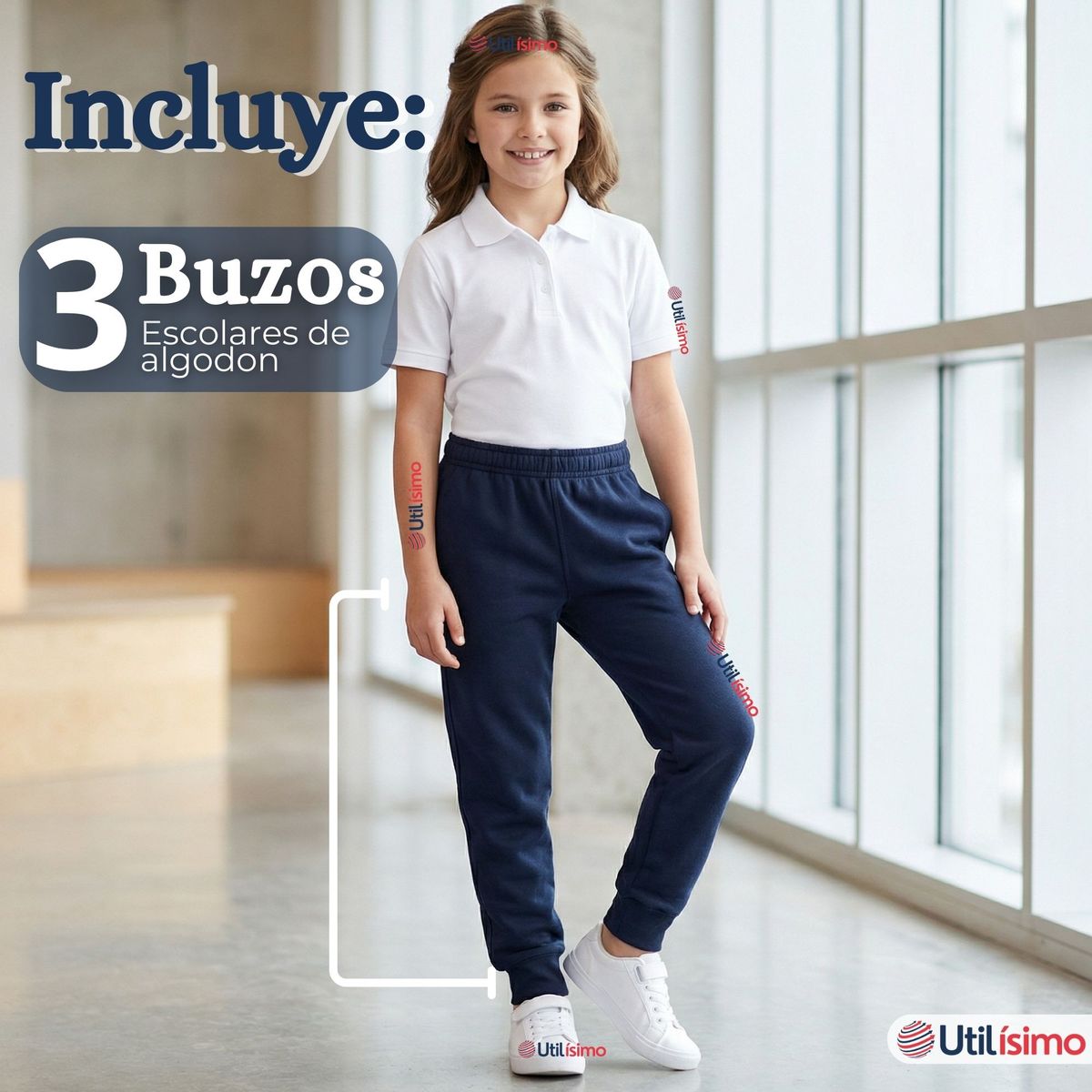 UTILISIMO - Pack 3 Buzos Pantalones Escolares Niños Unisex 100% Algodón Azul Bota Acanalada 3 a 16 años