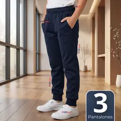 UTILISIMO - Pack 3 Buzos Pantalones Escolares Niños Unisex 100% Algodón Azul Bota Acanalada 3 a 16 años