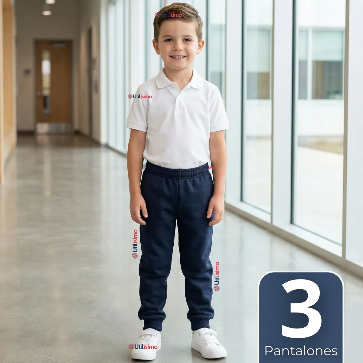 UTILISIMO - Pack 3 Buzos Pantalones Escolares Niño Unisex 100% Algodón Azul Bota Acanalada 3 a 16 años