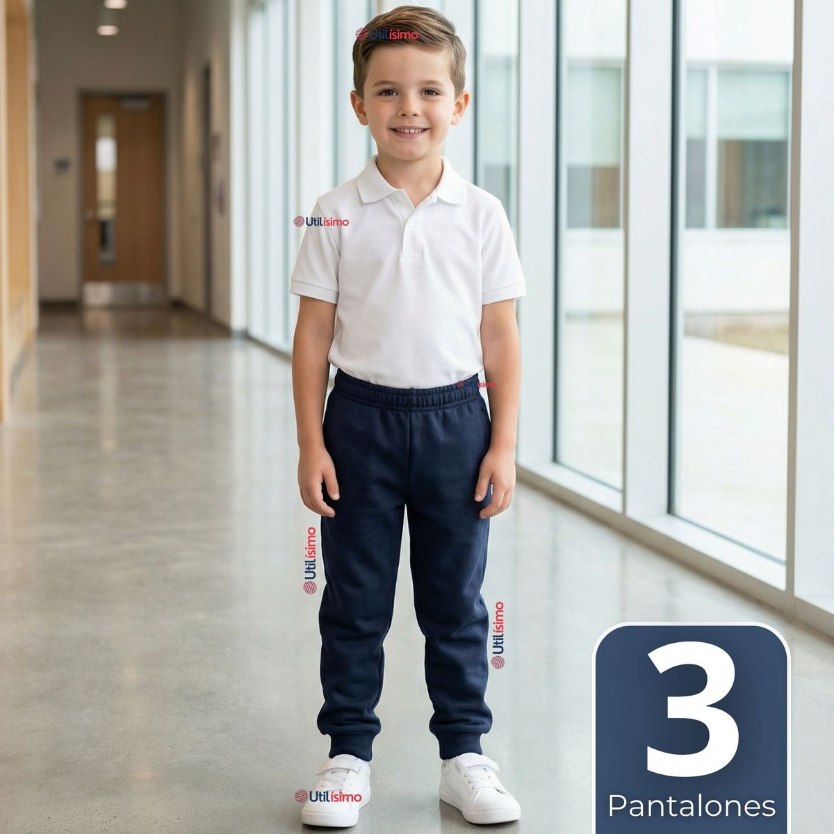 UTILISIMO - Pack 3 Buzos Pantalones Escolares Niño Unisex 100% Algodón Azul Bota Acanalada 3 a 16 años