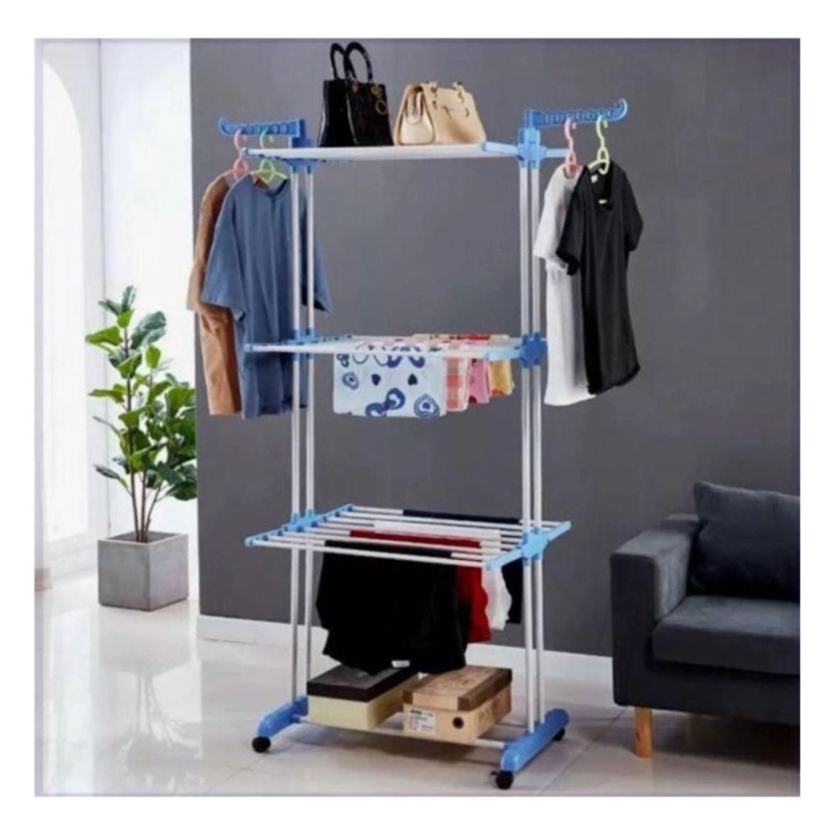 MOVI - TENDERO DE ROPA VERTICAL PLEGLABLE 3 NIVELES CON RUEDAS Y ALAS LATERALES MULTIUSO
