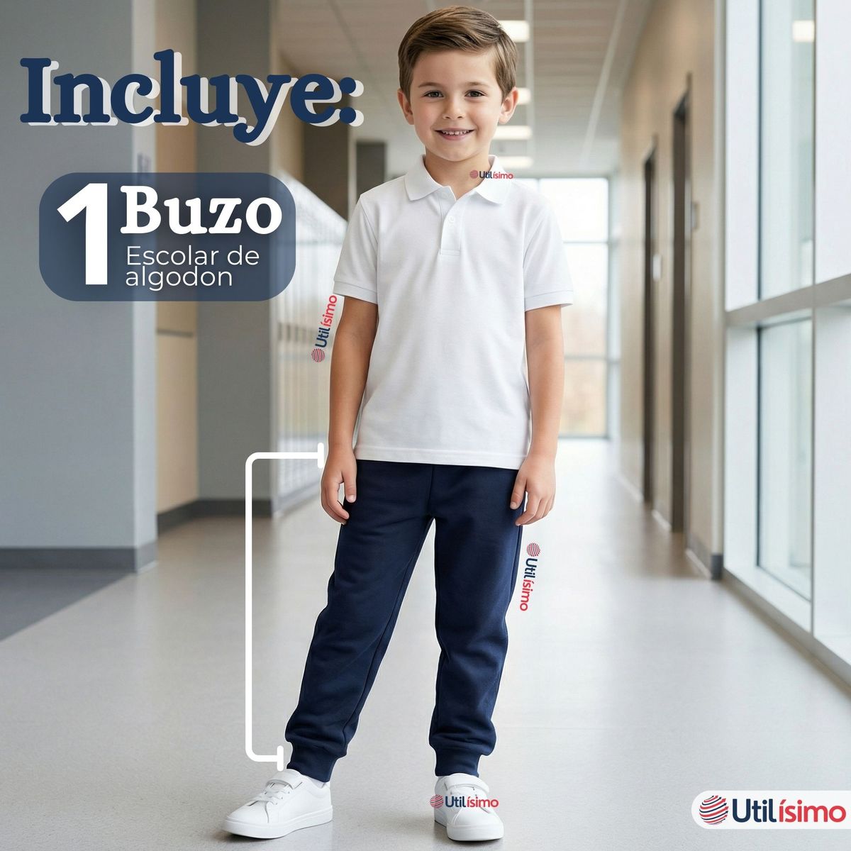 UTILISIMO - Buzo Pantalón Escolar Niño Unisex 100% Algodón Azul Bota Acanalada 3 a 16 años