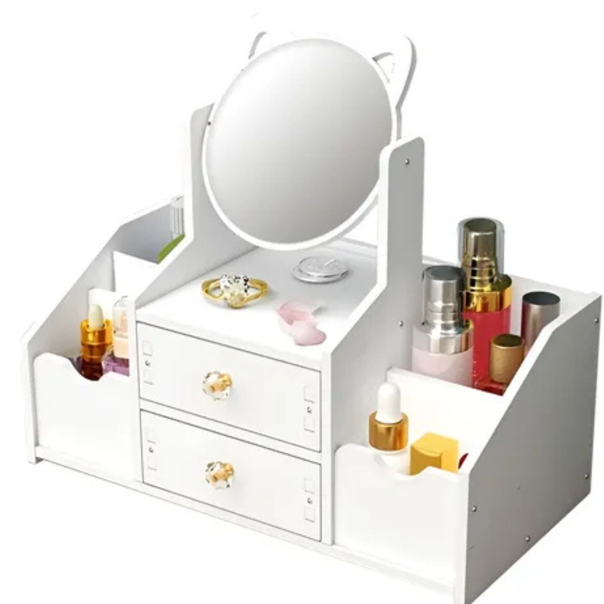 GENERICO - Organizador Espejo Orejas de Gato Con 2 Gavetas para Almacenar Cosmeticos joyas maquillaje