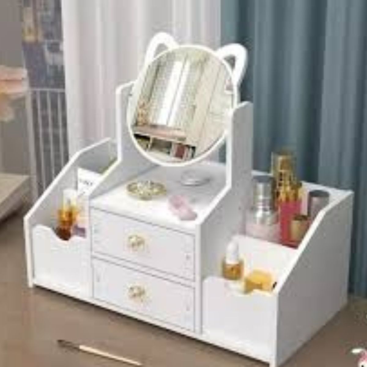 GENERICO - Organizador Espejo Orejas de Gato Con 2 Gavetas para Almacenar Cosmeticos joyas maquillaje
