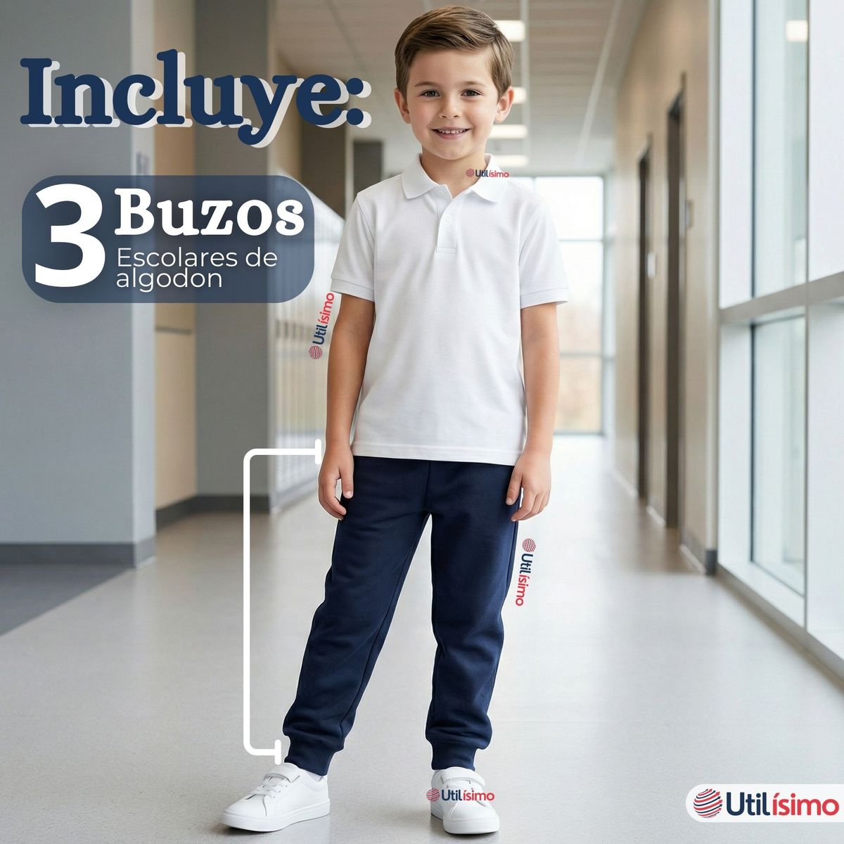 UTILISIMO - Pack 3 Buzos Pantalones Escolares Niño Unisex 100% Algodón Azul Bota Acanalada 3 a 16 años