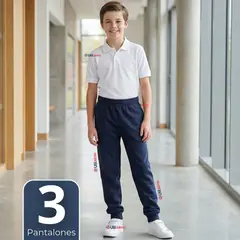 UTILISIMO - Pack 3 Buzos Pantalones Escolares Niño Unisex 100% Algodón Azul Bota Acanalada 3 a 16 años