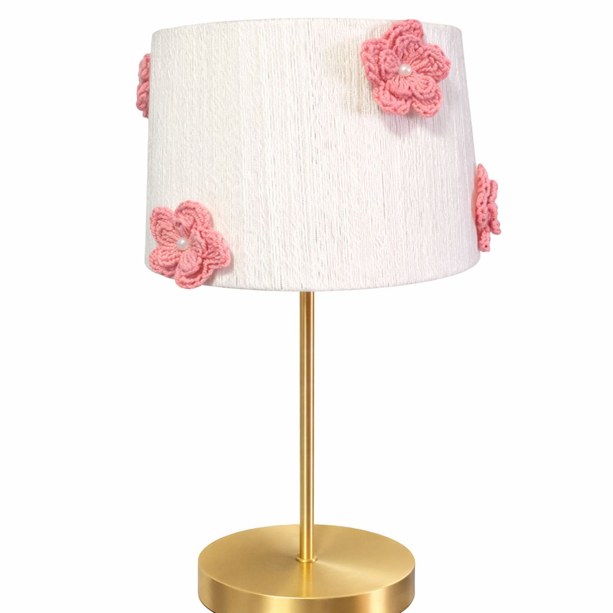 DECORACION CREATIVA - Lampara Infantil Mesa - Linea Flor de Algodón Rosa - Base Dorada
